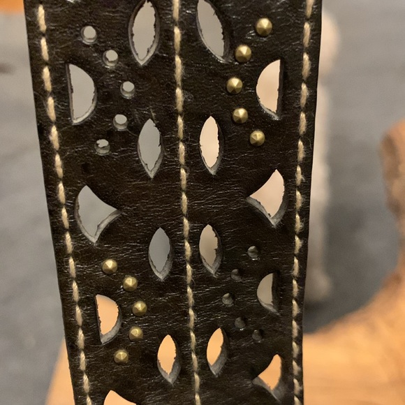 DOUBLE BUCKLE PERFORATED LEATHER BELT  WITH METAL STUDS AND SOMID BRASS BUCKLES - Picture 9 of 14